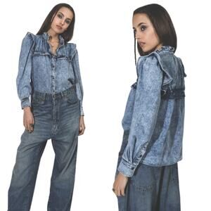 NWT Isabel Marant Top Etoile High Collar Long Sleeve Button Closure Shirt Blue